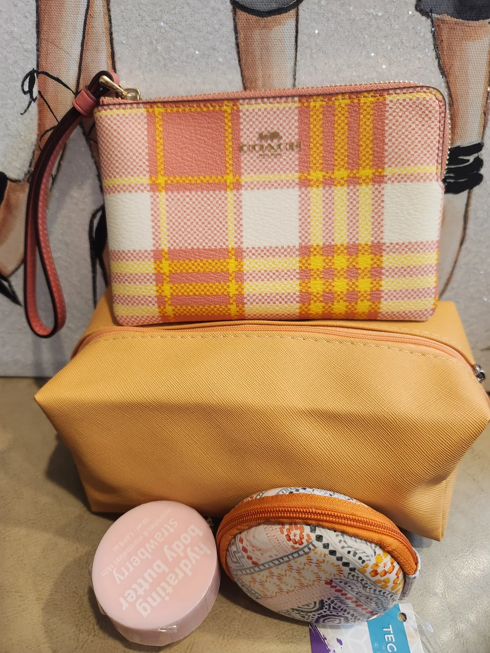Coach Plaid Zip Pouch in Coral, Yellow and White - Picture 2 of 14